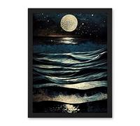 Artery8 Full Moon Rising Over Clear Night Sky Tidal Waves Artwork Framed Wall Art Print 18X24 Inch