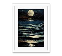 Artery8 Full Moon Rising Over Clear Night Sky Tidal Waves Artwork Framed Wall Art Print 18X24 Inch