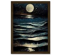 Artery8 Full Moon Rising Over Clear Night Sky Tidal Waves Artwork Framed Wall Art Print A4