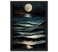 Artery8 Full Moon Rising Over Clear Night Sky Tidal Waves Artwork Framed Wall Art Print A4 in Black Artery8 Black