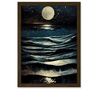 Full Moon Rising Over Clear Night Sky Tidal Waves Artwork Framed Wall Art Print A4 Artery8 Brown One Size