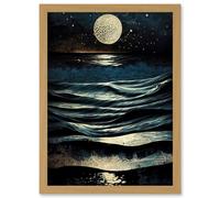 Artery8 Full Moon Rising Over Clear Night Sky Tidal Waves Artwork Framed Wall Art Print A4 in Light Oak Artery8 Light Oak