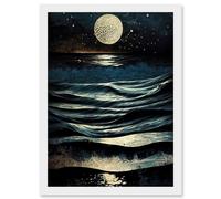 Full Moon Rising Over Clear Night Sky Tidal Waves Artwork Framed Wall Art Print A4 Artery8 White One Size