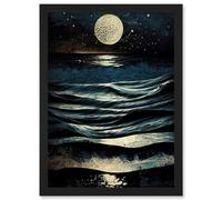 Full Moon Rising Over Clear Night Sky Tidal Waves Artwork Framed Wall Art Print A4 Artery8 Black One Size