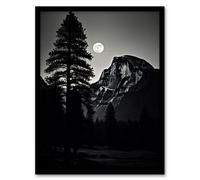 Artery8 Full Moon Rising over Half Dome Black and White Artwork Framed Wall Art Print A4