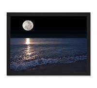 Artery8 Full Moon Sea Tide Beach At Night Photo A4 Artwork Framed Wall Art Print
