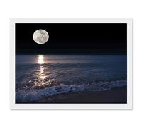 Artery8 Full Moon Sea Tide Beach At Night Photo A4 Artwork Framed Wall Art Print