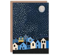 Artery8 Greeting Card Full Moon Starry Night Over Town Graphic Design Blank For Him Or Her Art Birthday Card