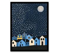 Artery8 Full Moon Starry Night Over Town Graphic Design Living Room Artwork Framed Wall Art Print A4