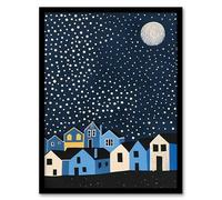 Artery8 Full Moon Starry Night Over Town Graphic Design Living Room Artwork Framed Wall Art Print A4