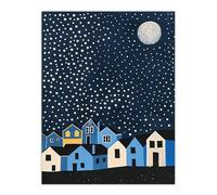 Artery8 Full Moon Starry Night Over Town Graphic Design Living Room Extra Large XL Wall Art Poster Print