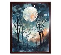 Artery8 Full Moon Winter Forest Landscape Snowfall over Trees at Night Art Print Framed Poster Wall Decor 12x16 inch