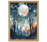 Artery8 Full Moon Winter Forest Landscape Snowfall over Trees at Night Artwork Framed A3 Wall Art Print