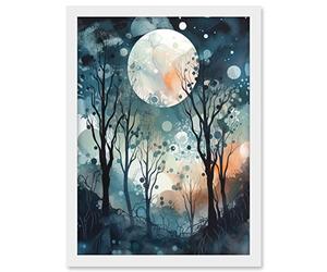 Artery8 Full Moon Winter Forest Landscape Snowfall over Trees at Night Artwork Framed A3 Wall Art Print