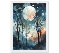Artery8 Full Moon Winter Forest Landscape Snowfall over Trees at Night Artwork Framed Wall Art Print A4