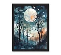 Artery8 Full Moon Winter Forest Landscape Snowfall over Trees at Night Artwork Framed Wall Art Print 18X24 Inch