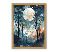 Artery8 Full Moon Winter Forest Landscape Snowfall over Trees at Night Artwork Framed Wall Art Print 18X24 Inch