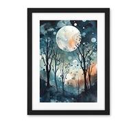 Artery8 Full Moon Winter Forest Landscape Snowfall over Trees at Night Artwork Framed Wall Art Print 18X24 Inch