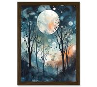 Artery8 Full Moon Winter Forest Landscape Snowfall over Trees at Night Artwork Framed Wall Art Print A4 in Brown Artery8 Brown