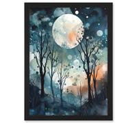 Artery8 Full Moon Winter Forest Landscape Snowfall over Trees at Night Artwork Framed Wall Art Print A4 in Black Artery8 Black
