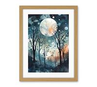 Artery8 Full Moon Winter Forest Landscape Snowfall over Trees at Night Artwork Framed Wall Art Print 18X24 Inch