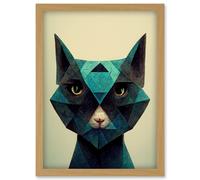 Artery8 Fun Geometric Teal Cat Artwork Framed Wall Art Print A4 in Light Oak Artery8 Light Oak