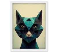 Artery8 Fun Geometric Teal Cat Artwork Framed Wall Art Print A4 in White Artery8 White