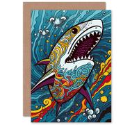 Artery8 Fun Shark Colourful Psychedelic Pattern Pop Art for Child Children Kids Birthday Congratulations Son Brother Blank Art Greeting Card