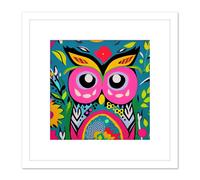 Artery8 Funky Abstract Owl Vibrant Colourful Patterns Flowers Pink Yellow Illustration Square Wooden Framed Wall Art Print Picture 8X8 Inch in White Artery8 White