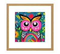 Artery8 Funky Abstract Owl Vibrant Colourful Patterns Flowers Pink Yellow Illustration Square Wooden Framed Wall Art Print Picture 8X8 Inch Artery8 Light Oak