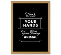 Artery8 Funny Bathroom Wall Art Wash Your Hands You Filthy Animal Toilet Sign Bathroom Decor Artwork Framed Wall Art Print A4 in Light Oak Artery8 Light Oak