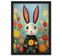Artery8 Funny Bunny Illustration Modern Floral Rabbit Animal Artwork for Kids Bedroom or Baby Nursery Artwork Framed A3 Wall Art Print