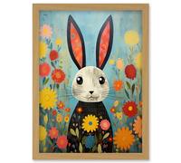 Wall Art Print Funny Bunny Modern Floral Rabbit Animal Artwork for Kids Bedroom or Baby Nursery Artwork Framed A4 Artery8 Light Oak A4