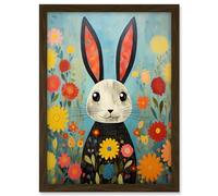 Artery8 Funny Bunny Illustration Modern Floral Rabbit Animal Artwork for Kids Bedroom or Baby Nursery Artwork Framed A3 Wall Art Print