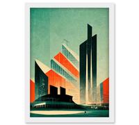 Artery8 Futuristic Abstract Architecture Cityscape Teal & Orange Artwork Framed Wall Art Print A4 in White Artery8 White