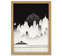 Artery8 Futuristic Cityscape Ukiyo-e Flat Illustration Artwork Framed Wall Art Print A4 in Light Oak Artery8 Light Oak