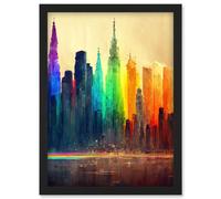 Artery8 Futuristic Modern Rainbow City Cityscape Skyline Artwork Framed Wall Art Print A4 in Black Artery8 Black