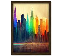 Artery8 Futuristic Modern Rainbow City Cityscape Skyline Artwork Framed Wall Art Print A4 in Brown Artery8 Brown