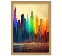 Artery8 Futuristic Modern Rainbow City Cityscape Skyline Artwork Framed Wall Art Print A4 in Light Oak Artery8 Light Oak