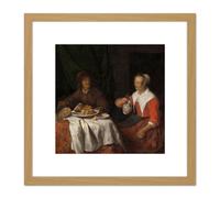 Artery8 Gabriel Metsu Man & Woman At A Meal Painting 8X8 Inch Square Wooden Framed Wall Art Print Picture with Mount in Light Oak Artery8 Light Oak