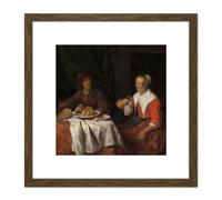 Artery8 Gabriel Metsu Man & Woman At A Meal Painting 8X8 Inch Square Wooden Framed Wall Art Print Picture with Mount in Brown Artery8 Brown