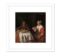 Artery8 Gabriel Metsu Man & Woman At A Meal Painting 8X8 Inch Square Wooden Framed Wall Art Print Picture with Mount in White Artery8 White