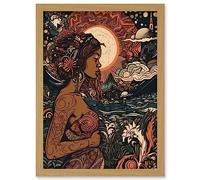 Gaia Mother Nature Modern Art Nouveau Folk Art Artwork Framed Wall Art Print A4 Artery8 Light Oak One Size