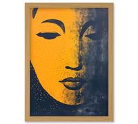 Wall Art Print Gandhara Buddha Face in Indigo Blue and Amber Abstract Minimalist Risograph Artwork Framed A4 Artery8 Light Oak A4