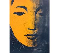 Wall Art Print Gandhara Buddha Face in Indigo Blue and Amber Abstract Minimalist Risograph Artwork Poster Artery8 Multi W18 inch x H24 inch