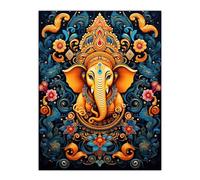 Artery8 Ganesha and Flowers Hindu Concept Art Orange Blue Vibrant Ornate Floral Pattern Design with Elephant Extra Large XL Wall Art Poster Print
