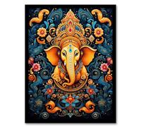 Wall Art Print Ganesha and Flowers Hindu Concept Art Orange Blue Vibrant Ornate Floral Pattern Design with Elephant Artwork Framed Artery8 Blue A4