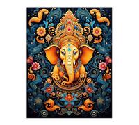 Artery8 Ganesha and Flowers Hindu Concept Art Orange Blue Vibrant Ornate Floral Pattern Design with Elephant Unframed Wall Art Print Poster Home Decor Premium