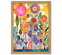 Artery8 Garden Flowers In Spring Folk Art Watercolour Painting Artwork Framed A3 Wall Art Print