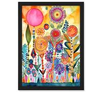 Artery8 Garden Flowers In Spring Folk Art Watercolour Painting Artwork Framed A3 Wall Art Print